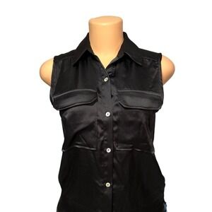 Nicole Miller New York Black Sleeveless Button Up Utility Shirt Women XS